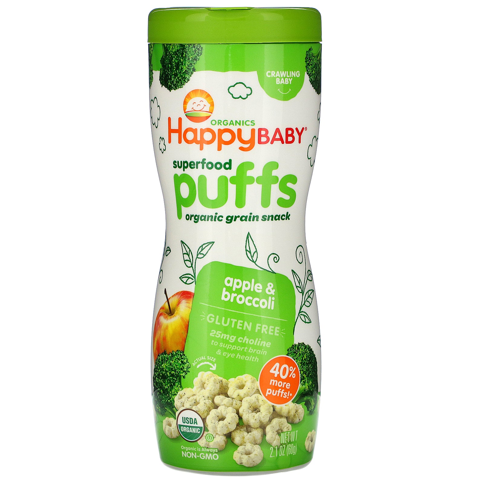 Happy Family Organics, Superfood Puffs, Apple & Broccoli, 2.1 oz (60 g)