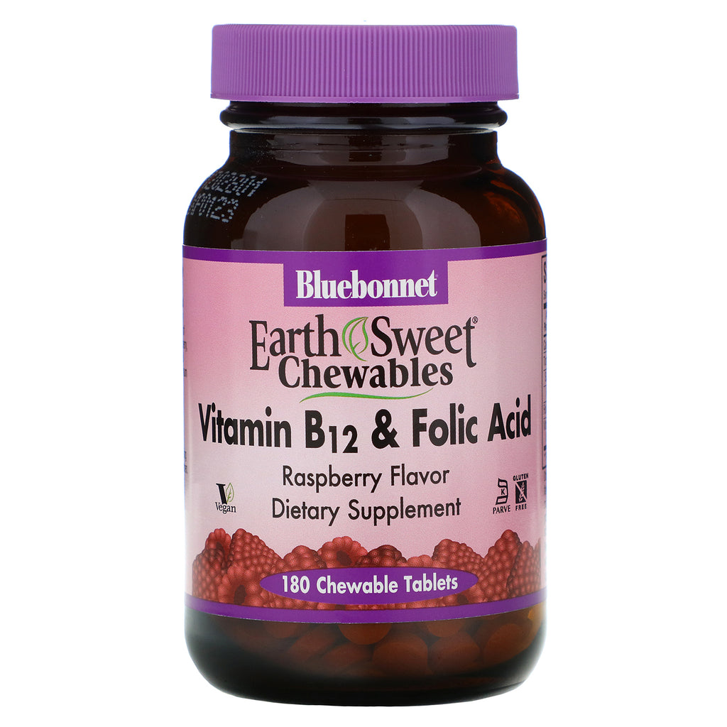 Bluebonnet Nutrition, EarthSweet Chewables, Vitamin B-12 & Folic Acid, Natural Raspberry Flavor, 180 Chewable Tablets