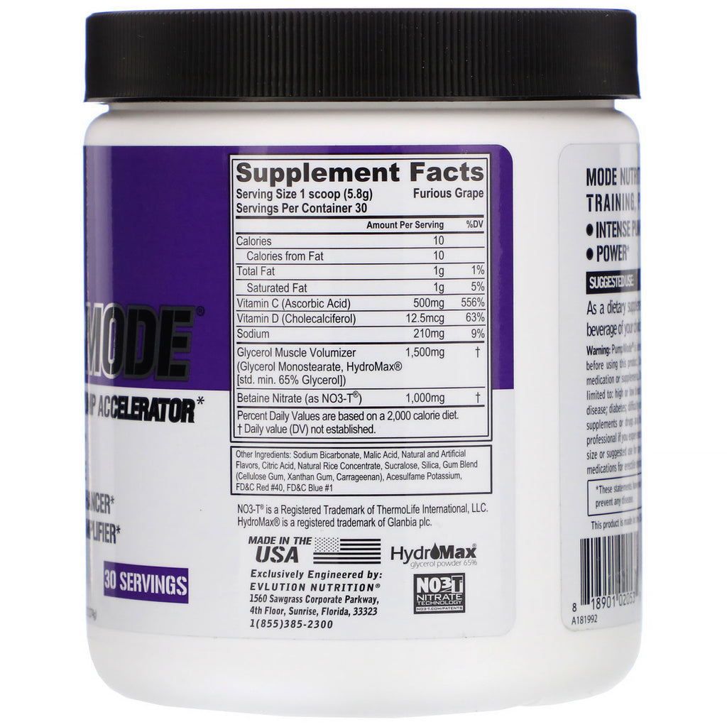 EVLution Nutrition, PumpMode, Non-Stimulant Pump Accelerator, Furious Grape, 6.14 oz (174 g)