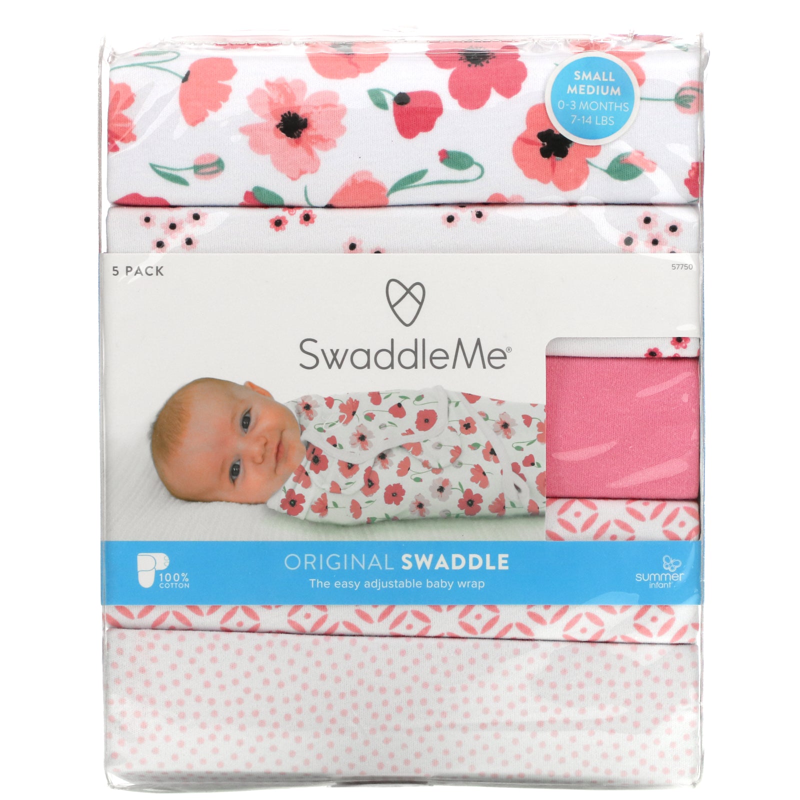 Summer Infant, SwaddleMe, Original Swaddle, Small/Medium, 0-3 Months, Floral, 5 Pack