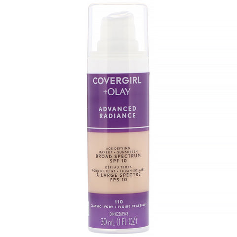 Covergirl, Olay Advanced Radiance, Age-Defying Makeup, SPF 10, 110 Classic Ivory, 1 fl oz (30 ml)