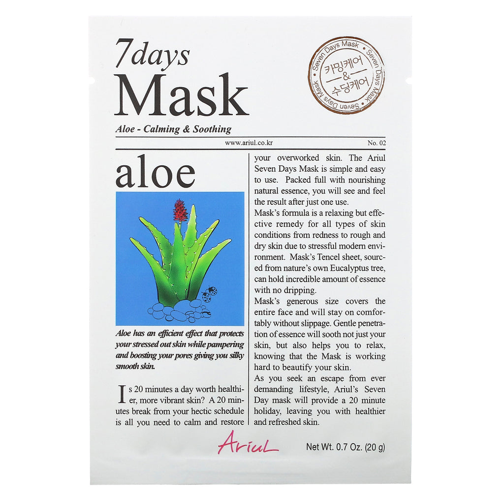 Ariul, 7 Days Beauty Mask, Aloe, 1 Sheet Mask, 0.7 oz (20 g)