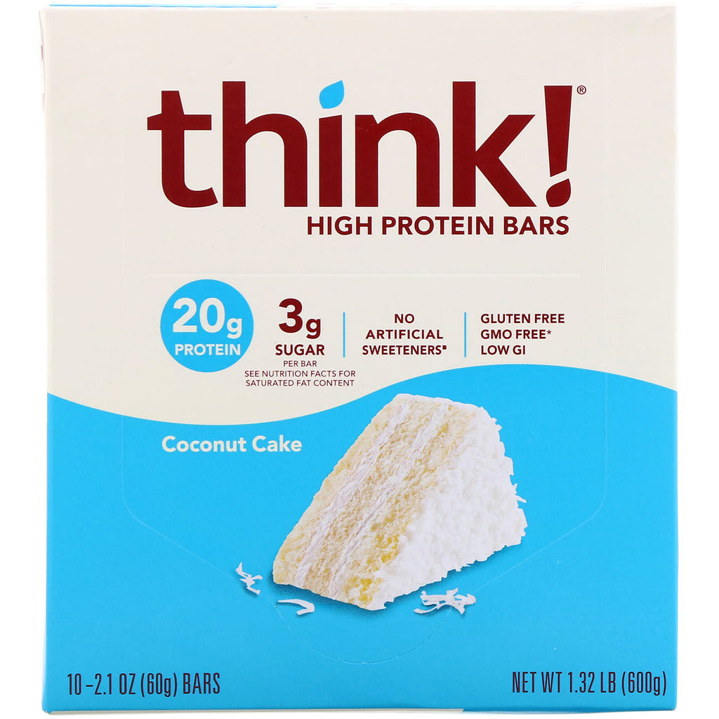 ThinkThin, High Protein Bars, Coconut Cake, 10 Bars, 2.1 oz (60 g) Each