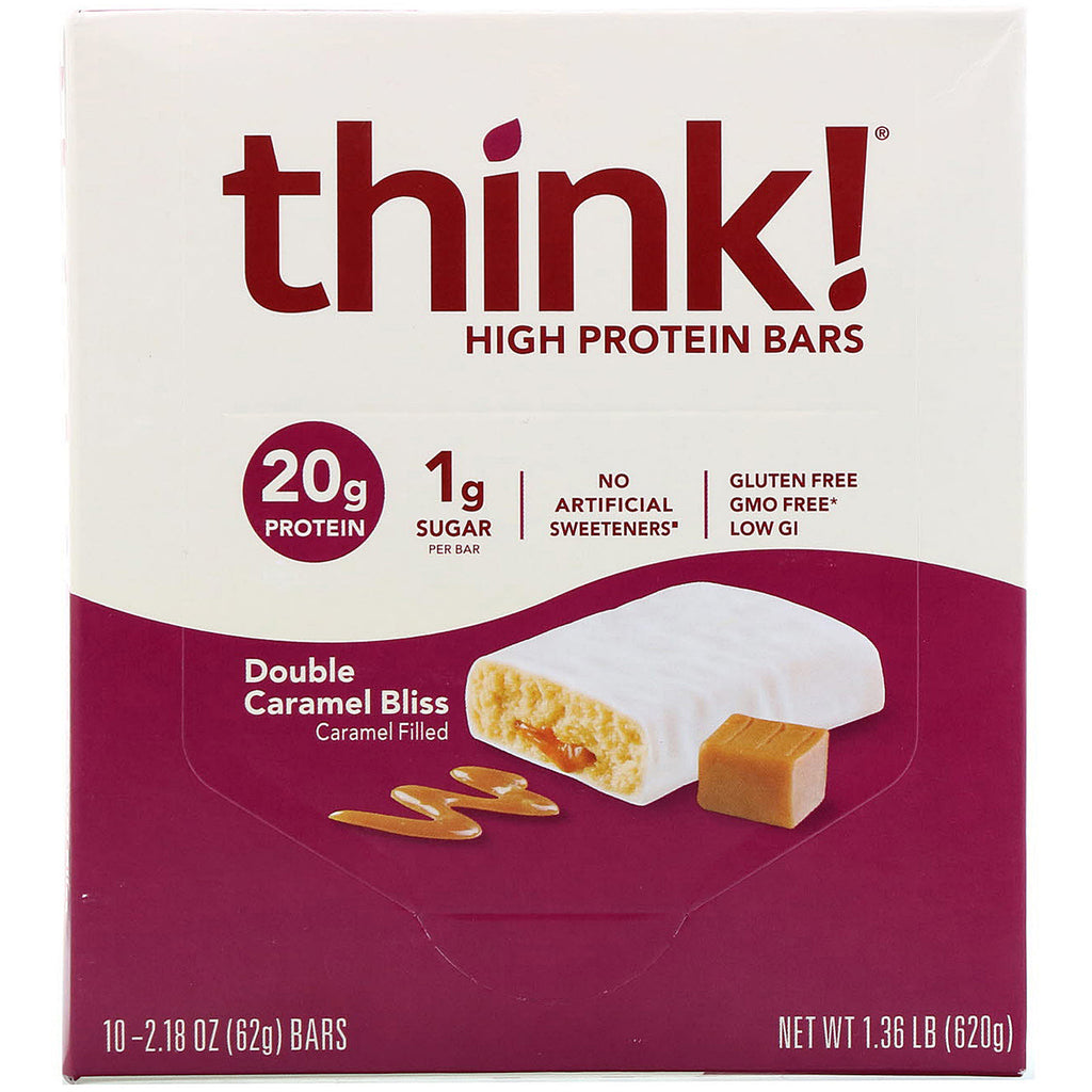 ThinkThin, High Protein Bars, Double Caramel Bliss, 10 Bars, 2.18 oz (62 g) Each