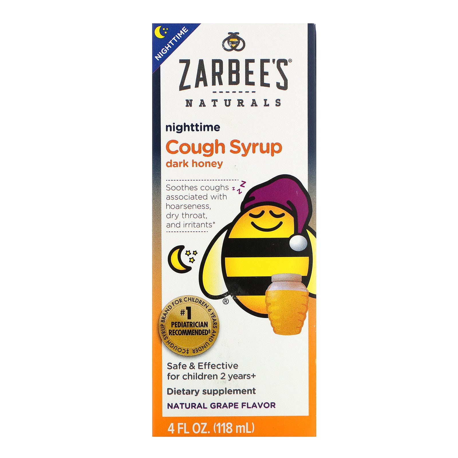 Zarbee's, Children's Nighttime Cough Syrup, Dark Honey, For Children 2 Years+, Natural Grape Flavor, 4 fl oz (118 ml)