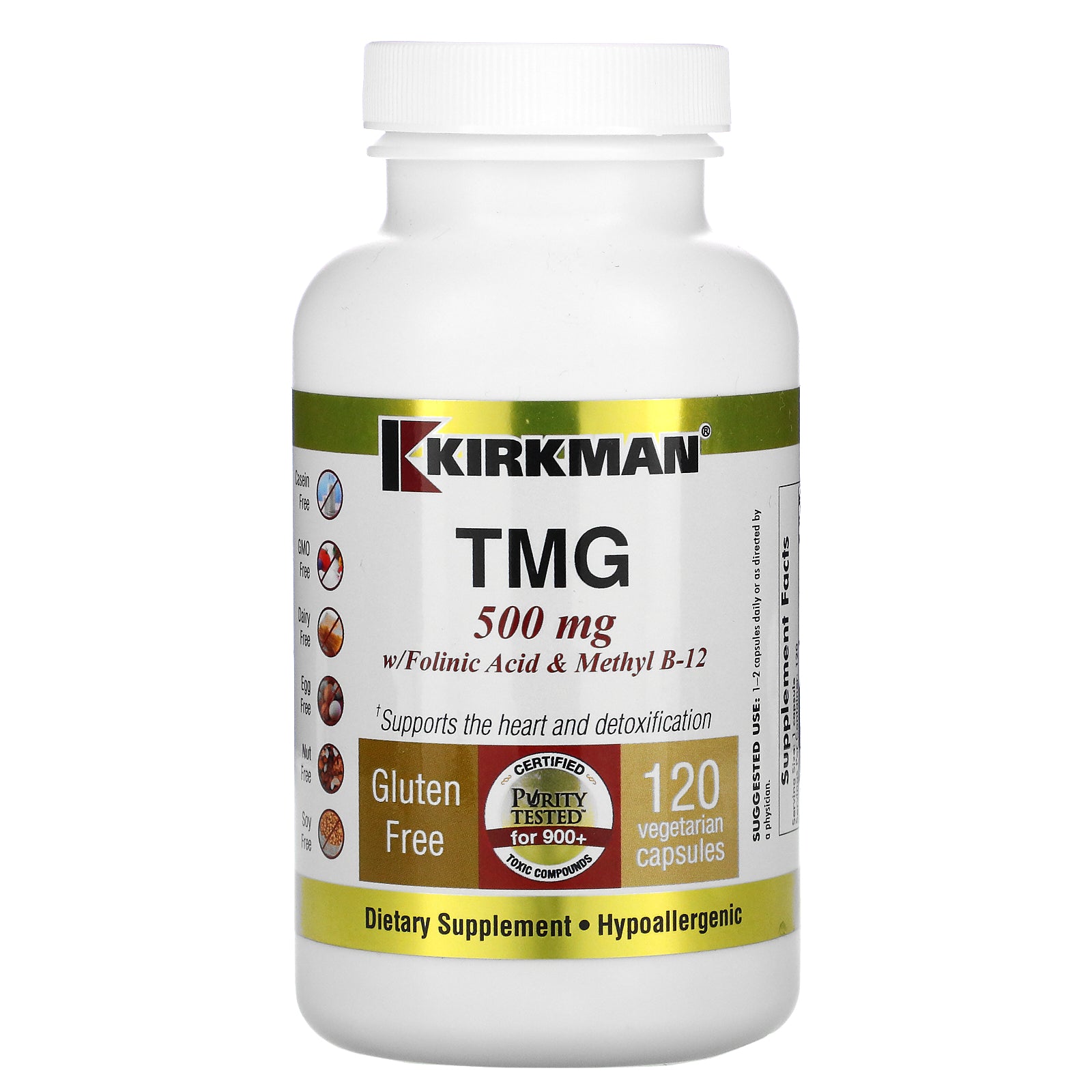 Kirkman Labs, TMG with Folinic Acid & Methyl B-12, 500 mg, 120 Vegetarian Capsules