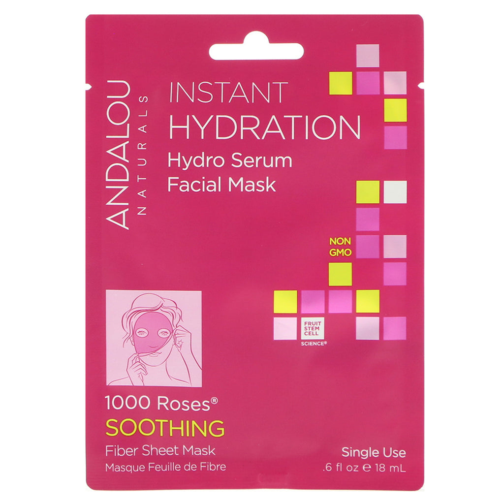 Andalou Naturals, Instant Hydration, Hydro Serum Beauty Facial Mask, 1 Single Use Fiber Sheet Mask, .6 fl oz (18 ml)