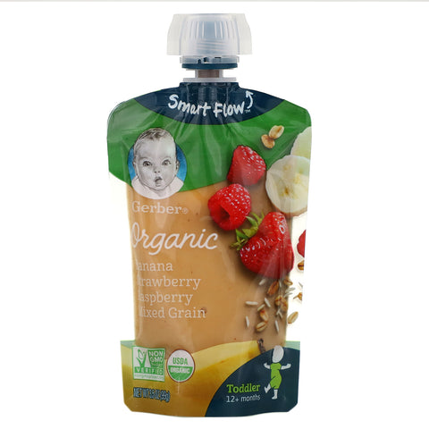 Gerber, Smart Flow, Organic, Banana, Strawberry, Raspberry, Mixed Grain, 12+ Months, 3.5 oz (99 g)