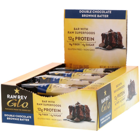 Raw Rev, Glo, Double Chocolate Brownie Batter, 12 Bars, 1.6 oz (46 g) Each