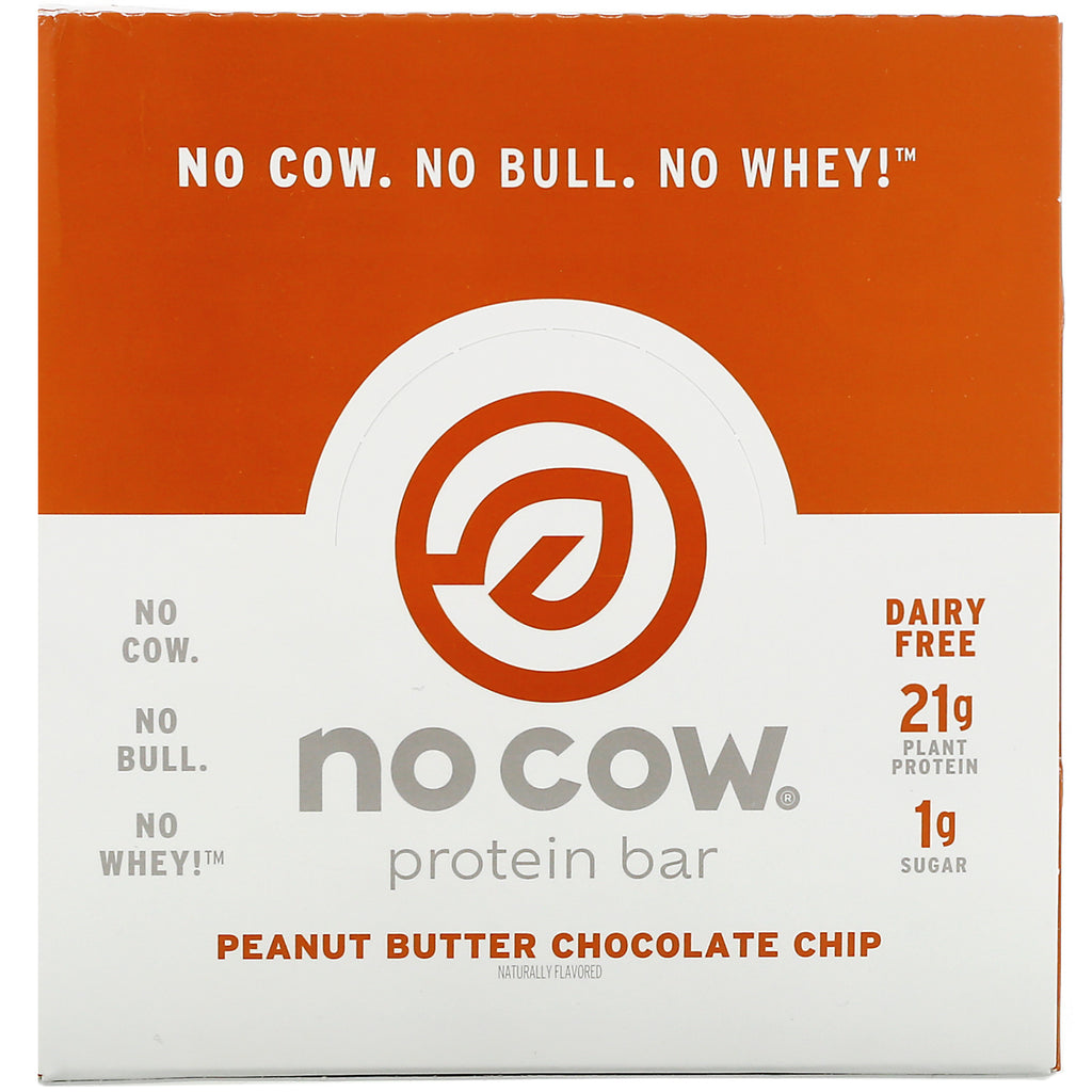 No Cow, Protein Bar, Peanut Butter Chocolate Chip,  12 Bars, 2.12 oz (60 g) Each