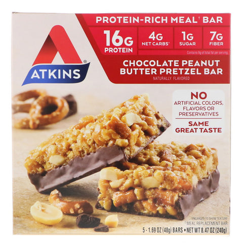 Atkins, Chocolate Peanut Butter Pretzel Bar, 5 Bars, 1.69 oz (48 g) Each