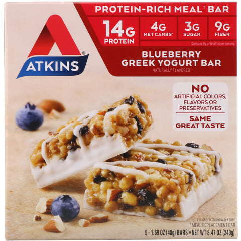 Atkins, Greek Yogurt Bar, Blueberry, 5 Bars, 1.69 oz (48 g) Each