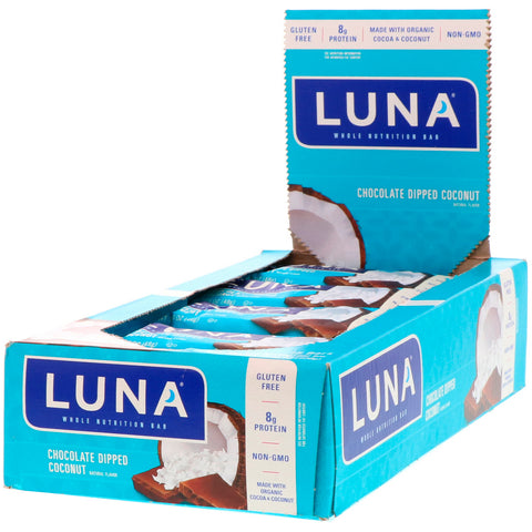 Clif Bar, Luna, Whole Nutrition Bar for Women, Chocolate Dipped Coconut, 15 Bars, 1.69 oz (48 g) Each