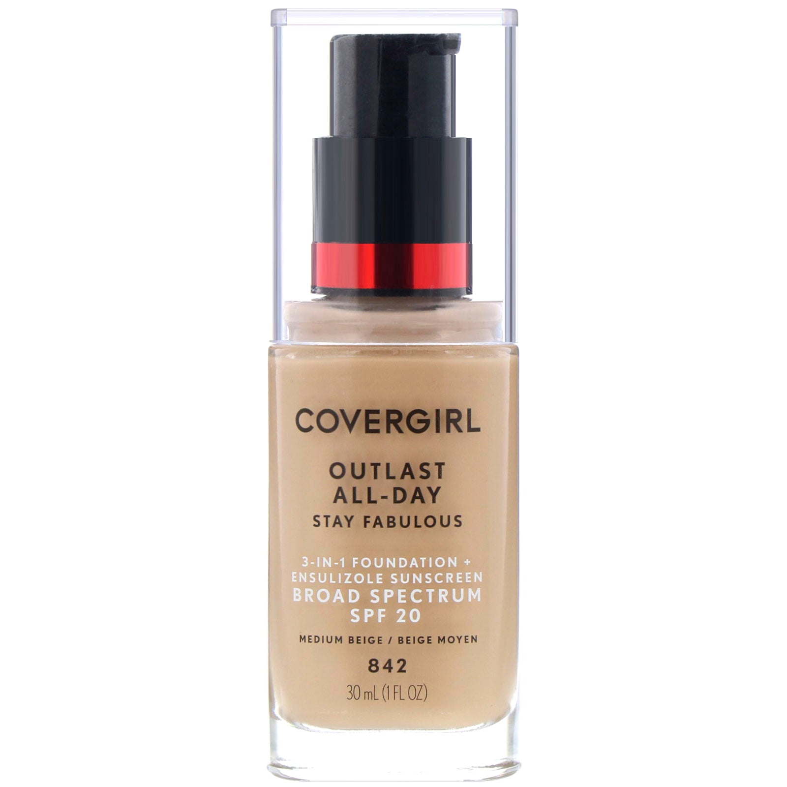 Covergirl, Outlast All-Day Stay Fabulous, 3-in-1 Foundation, 842 Medium Beige, 1 fl oz (30 ml)