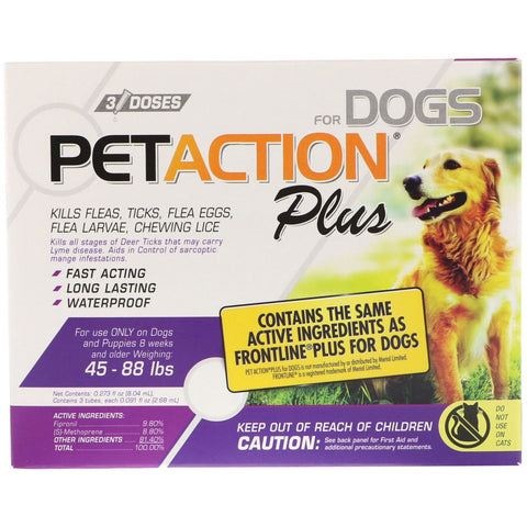 PetAction Plus, For Dogs, 45-88 lbs, 3 Doses - 0.091 fl oz (2.68 ml) Each