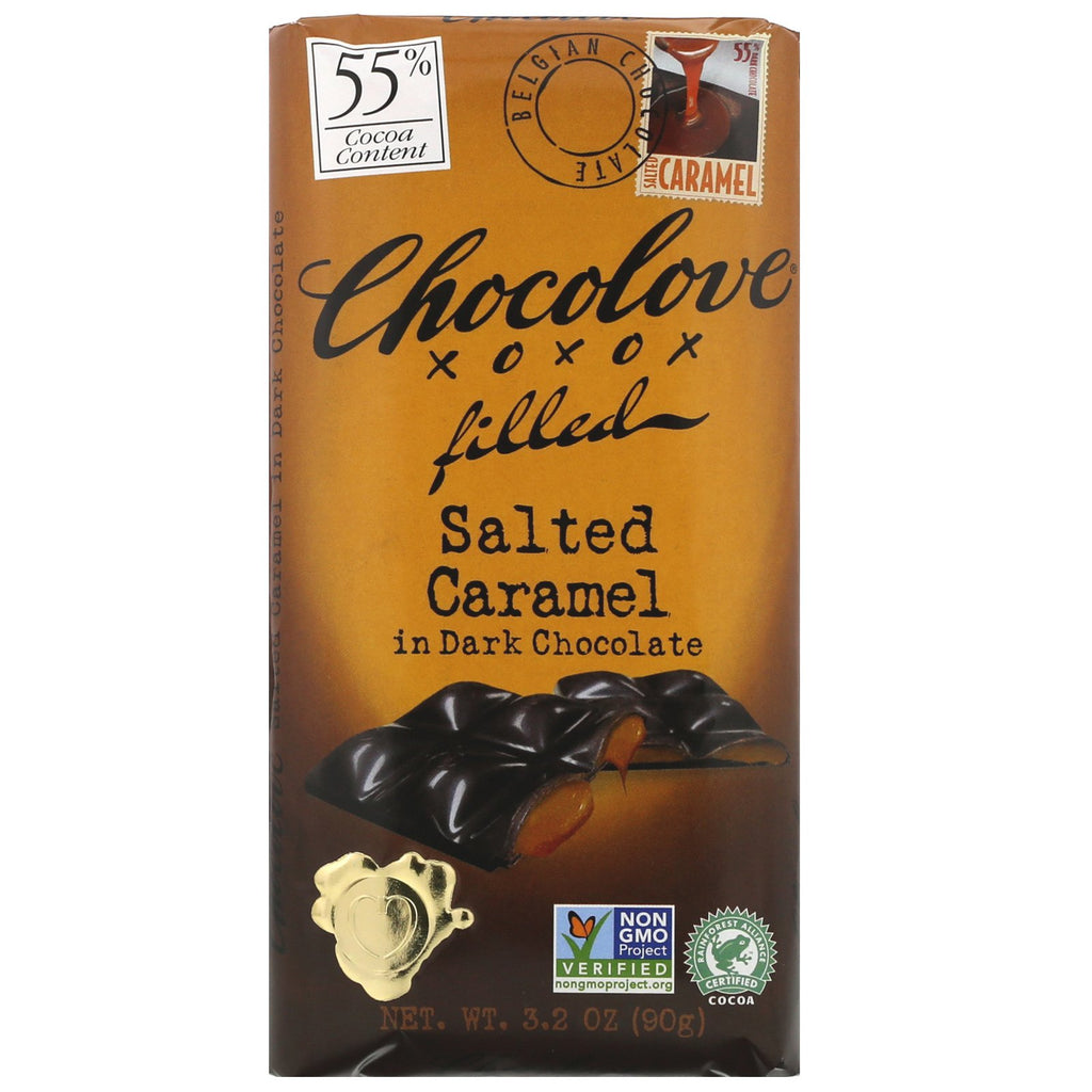 Chocolove, Chocolate Filled Salted Caramel in Dark Chocolate, 55% Cocoa, 3.2 oz (90 g)