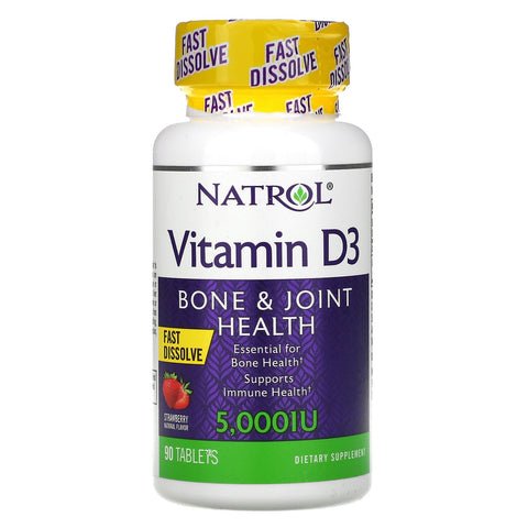 Natrol, Vitamin D3, Bone & Joint Health, Strawberry, 5,000 IU, 90 Tablets