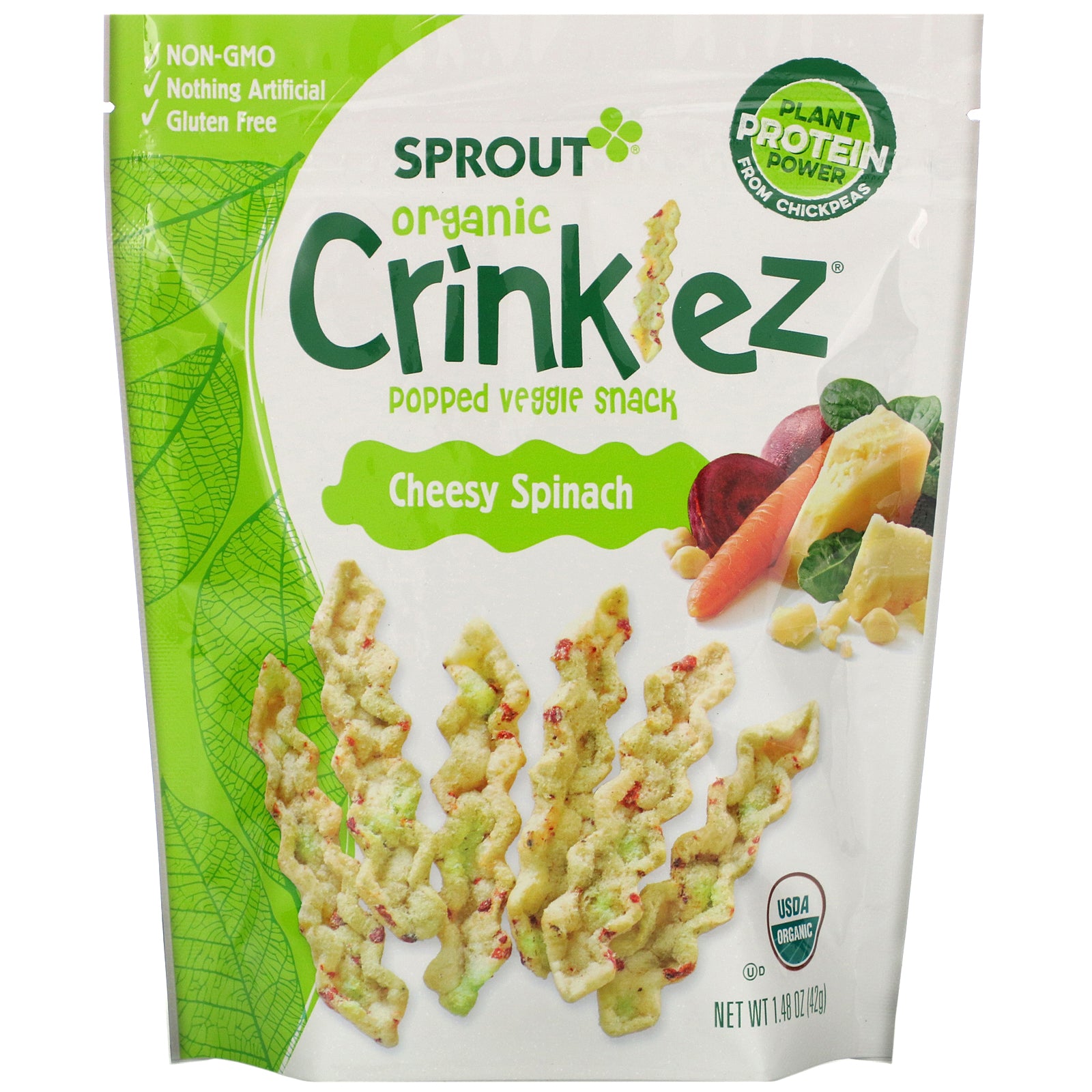 Sprout Organic, Crinklez, Popped Veggie Snack, Cheesy Spinach, 1.48 oz (42 g)