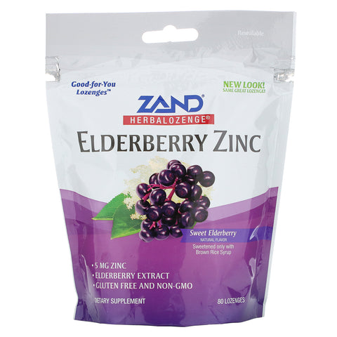 Zand, Herbalozenge, Elderberry Zinc, Sweet Elderberry, 80 Lozenges