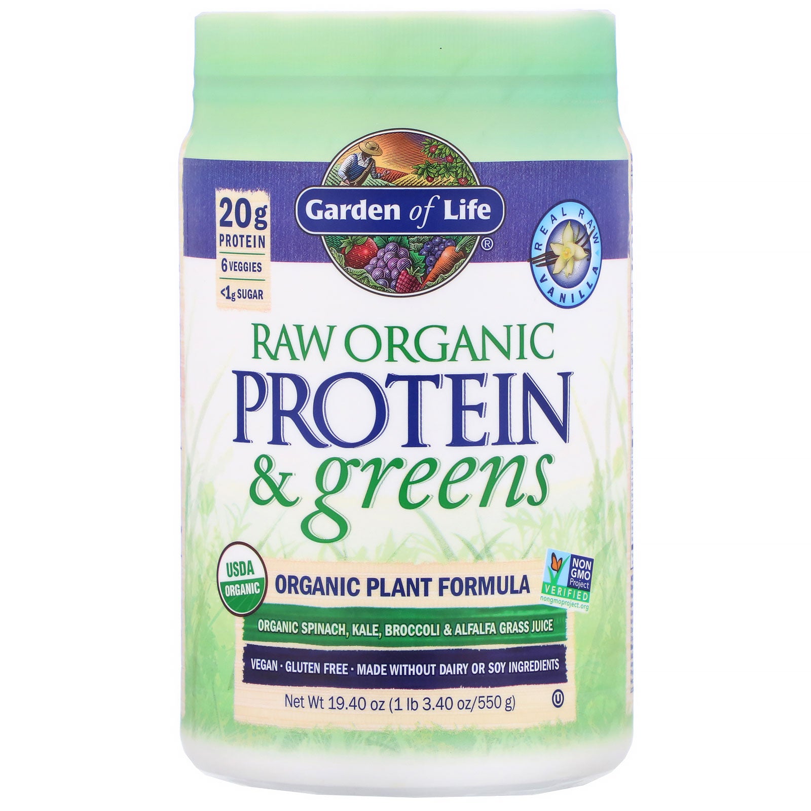 Garden of Life, RAW Protein & Greens, Organic Plant Formula, Vanilla, 19.40 oz (550 g)