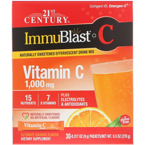 21st Century, ImmuBlast-C, Effervescent Drink Mix, Ultimate Orange, 1,000 mg, 30 Packets, .317 oz (9 g) Each