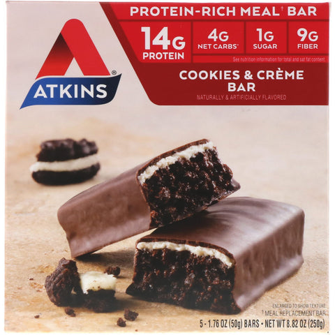 Atkins, Meal Bar, Cookies n' Creme Bar, 5 Bars, 1.76 oz (50 g) Each