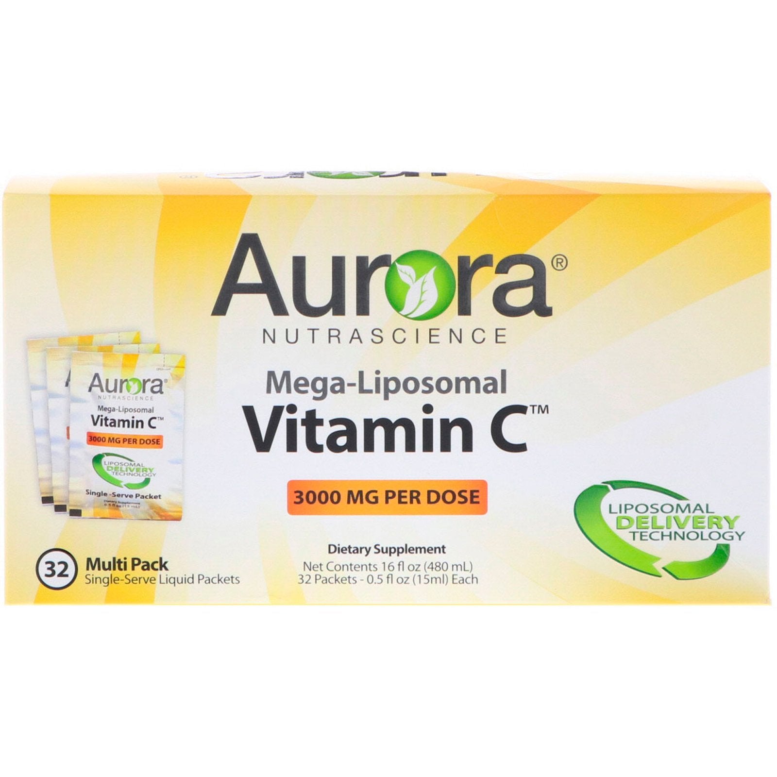 Aurora Nutrascience, Mega-Liposomal Vitamin C, 3,000 mg, 32 Single-Serve Liquid Packets, 0.5 fl oz (15 ml) Each