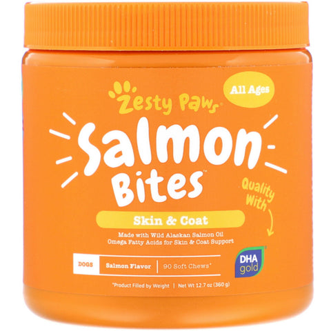 Zesty Paws, Salmon Bites for Dogs, Skin & Coat, All Ages, Salmon Flavor, 90 Soft Chews