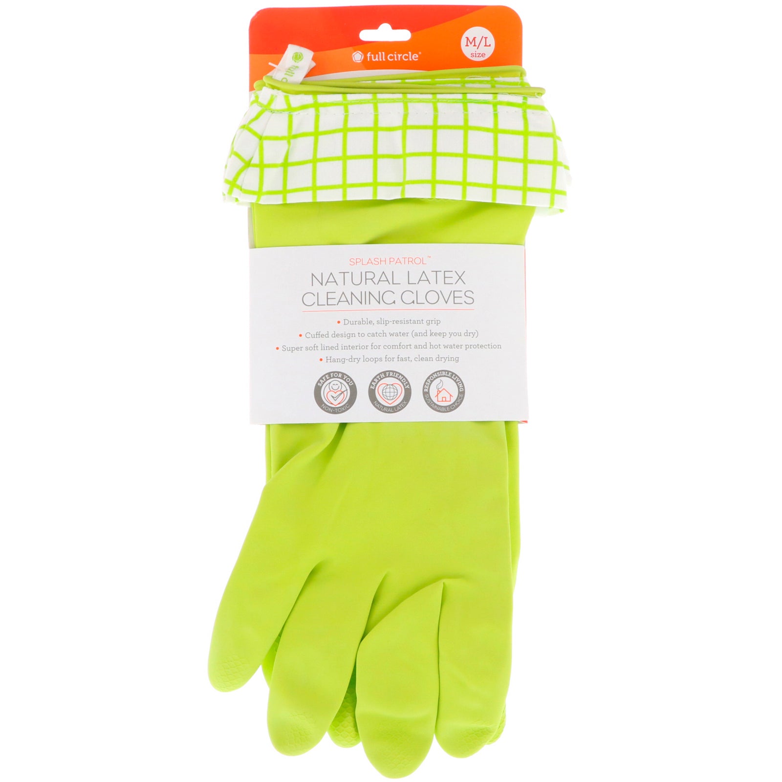 Full Circle, Splash Patrol, Natural Latex Cleaning Gloves, M/L, Green, 1 Pair