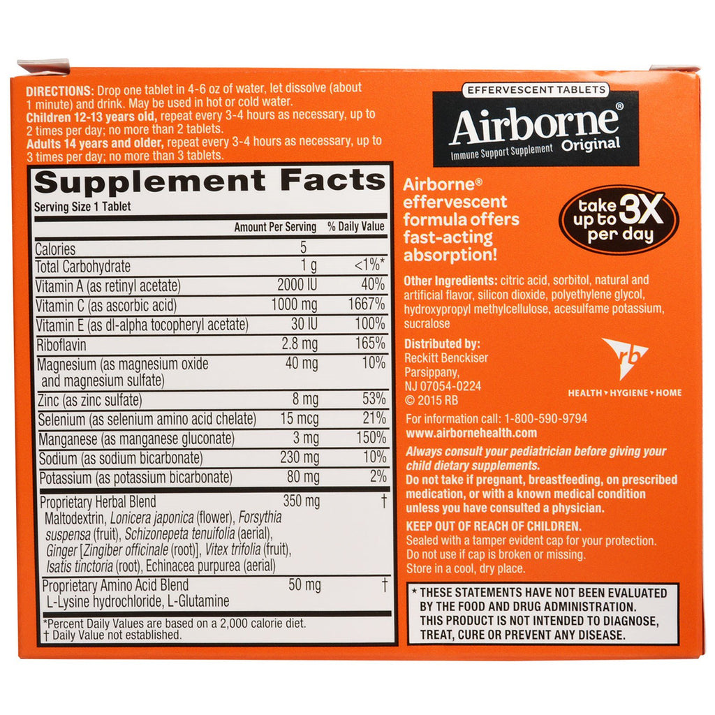 AirBorne, Original, Immune Support, Blast of Vitamin C, Zesty Orange, 3 Tubes, 10 Effervescent Tablets Each