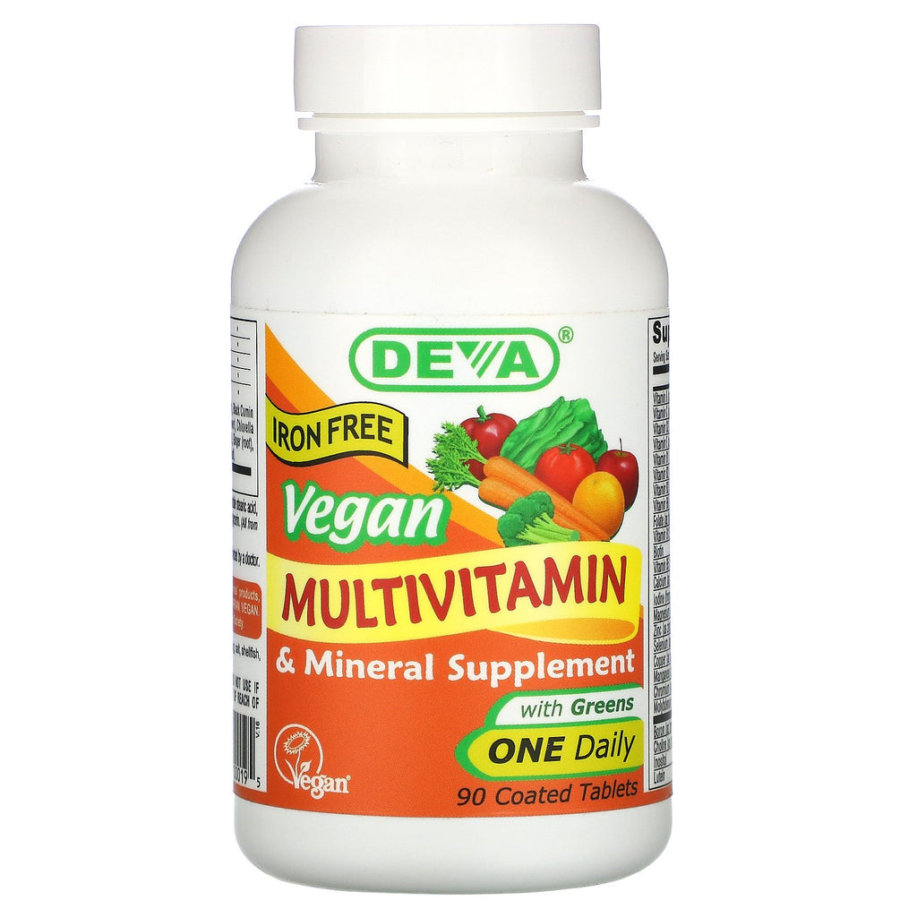 Deva, Vegan Multivitamin & Mineral Supplement with Greens, Iron Free, 90 Coated Tablets