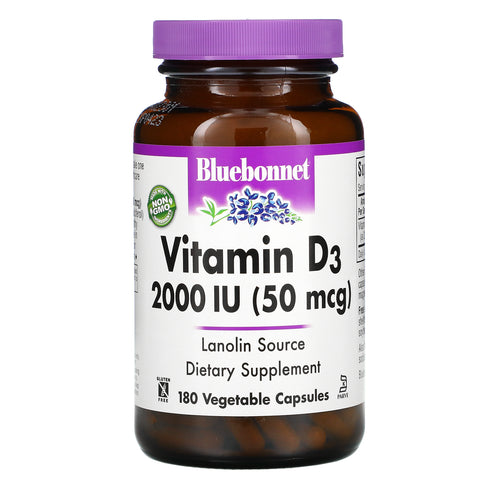 Bluebonnet Nutrition, Vitamin D3, 50 mcg (2,000 IU), 180 Vegetable Capsules