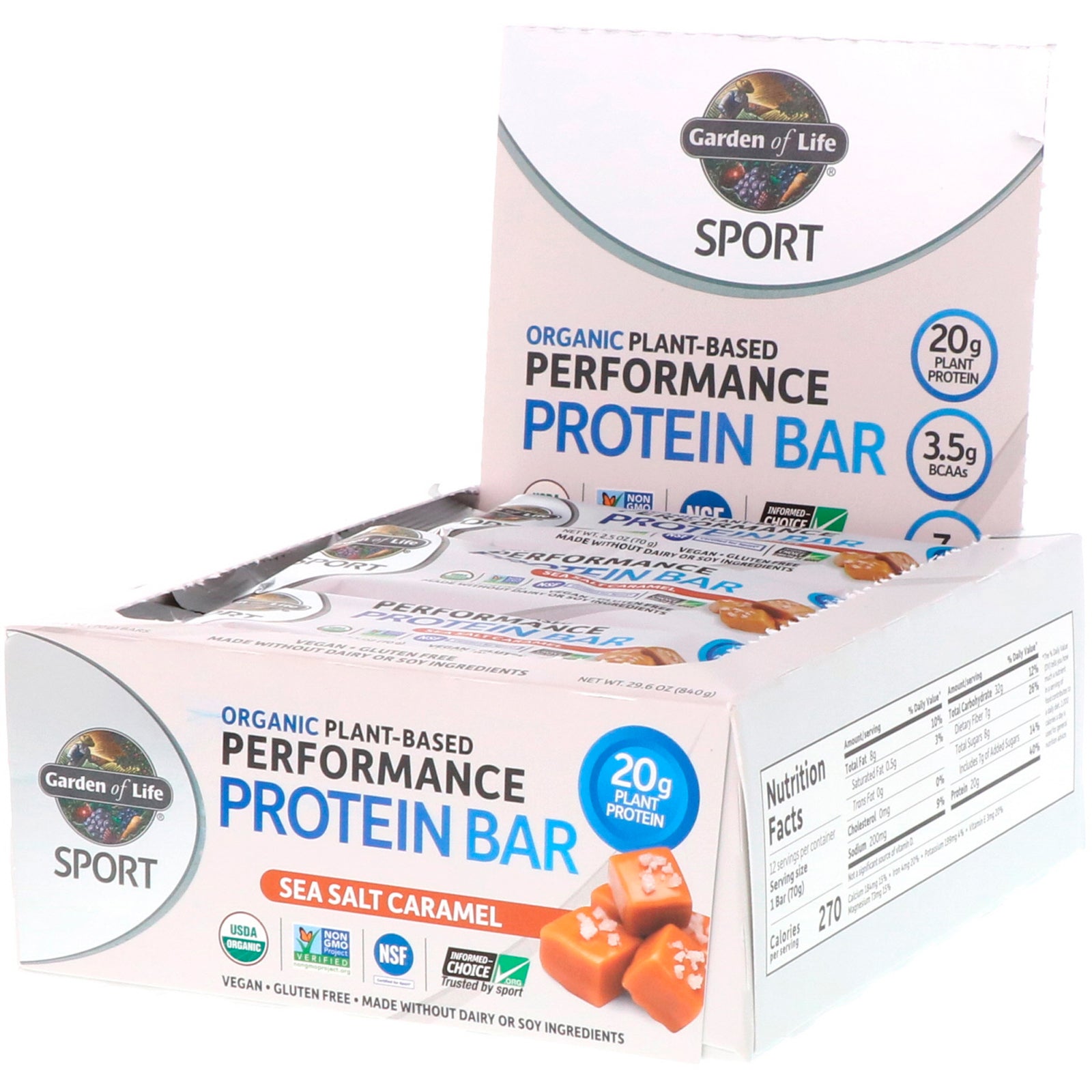 Garden of Life, Sport, Organic Plant-Based Performance Protein Bar, Sea Salt Caramel, 12 Bars, 2.5 oz (70 g) Each