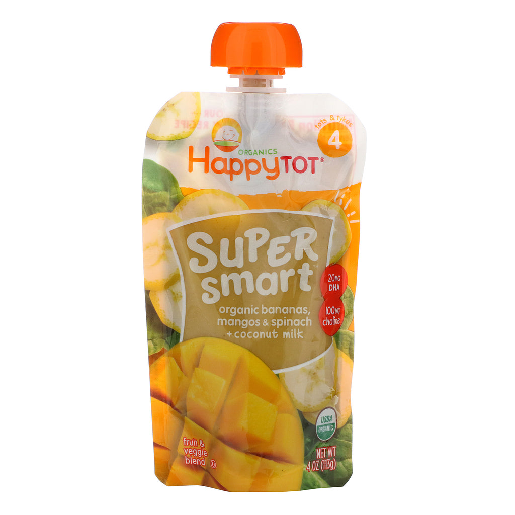 Happy Family Organics, Happy Tot, Super Smart, Fruit & Veggie Blend, Stage 4, Organic Bananas, Mangos & Spinach + Coconut Milk, 4 oz (113 g)