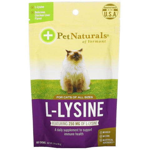 Pet Naturals of Vermont, L-Lysine, For Cats, Chicken Liver Flavor, 250 mg, 60 Chews, 3.17 oz (90 g)