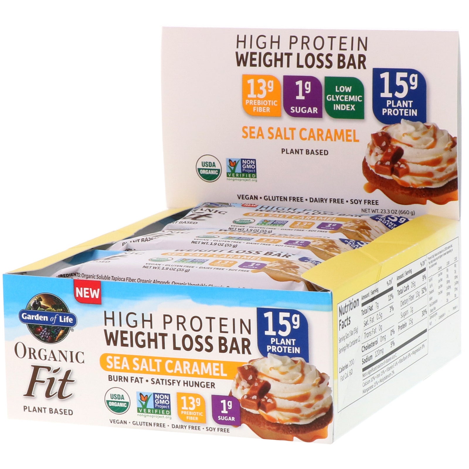 Garden of Life, Organic Fit, High Protein Weight Loss Bar, Sea Salt Caramel, 12 Bars, 1.9 oz (55 g) Each