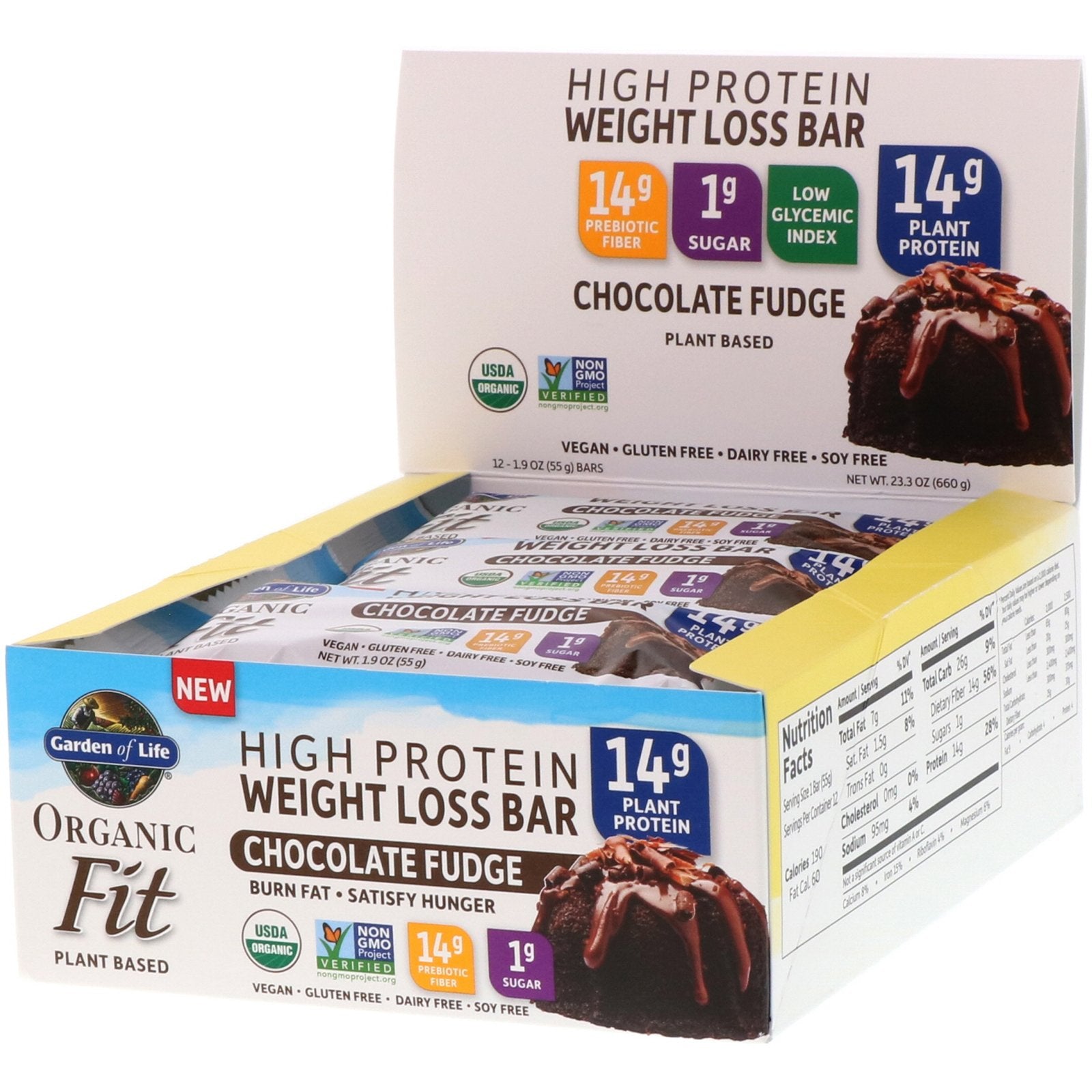 Garden of Life, Organic Fit, High Protein Weight Loss Bar, Chocolate Fudge, 12 Bars, 1.9 oz (55 g) Each