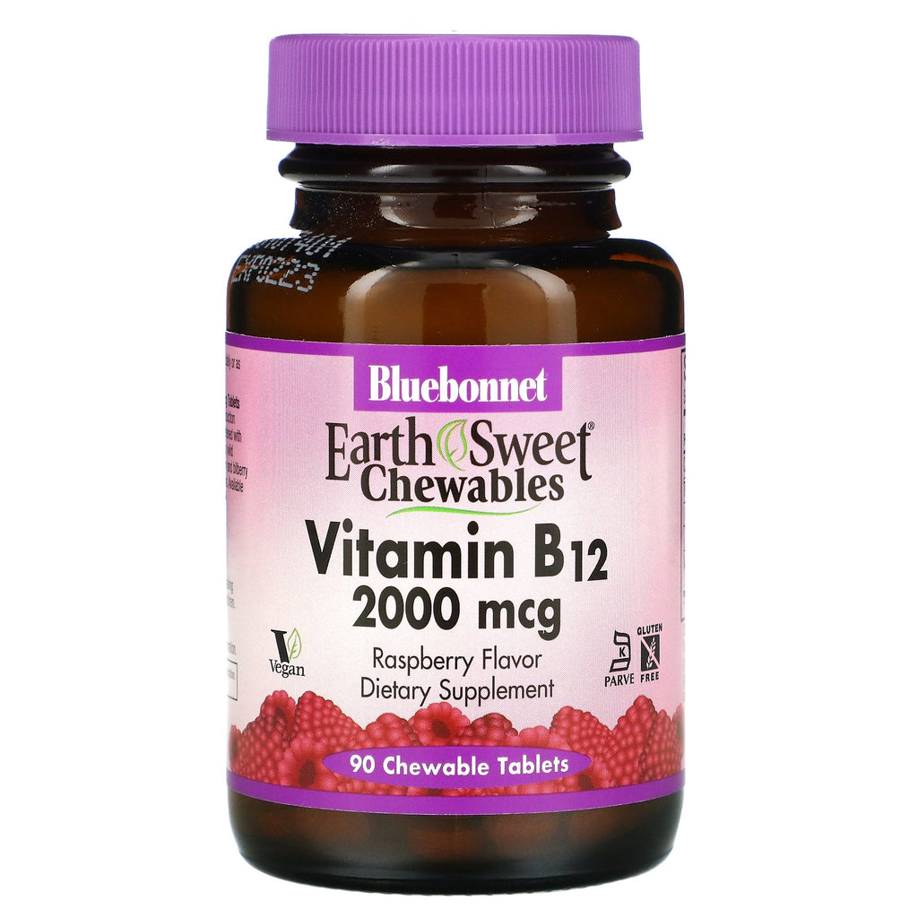 Bluebonnet Nutrition, EarthSweet Chewables, Vitamin B12, Raspberry , 2,000 mcg, 90 Chewable Tablets