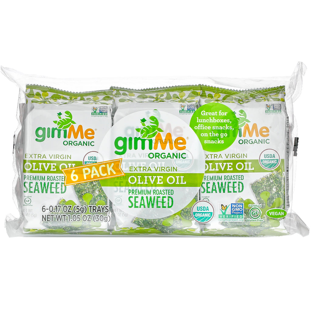 gimMe, Premium Roasted Seaweed, Extra Virgin Olive Oil, 6 Pack. 0.17 oz (5 g) Each