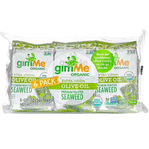 gimMe, Premium Roasted Seaweed, Extra Virgin Olive Oil, 6 Pack. 0.17 oz (5 g) Each