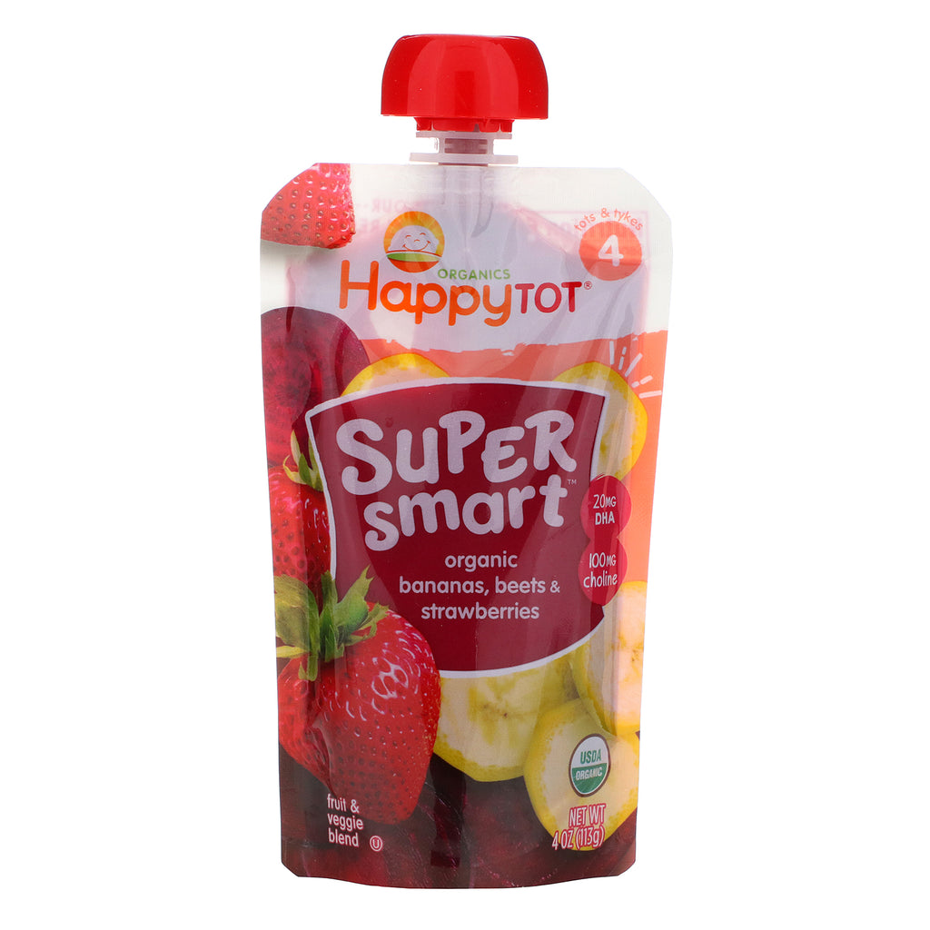 Happy Family Organics, Happy Tot, Super Smart, Fruit & Veggie Blend, Organic Bananas, Beets & Strawberries, Stage 4, 4 oz (113 g)