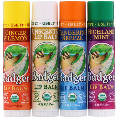 Badger Company, Organic Classic Lip Balm Sticks, Blue Box, 4 Lip Balm Sticks, .15 oz (4.2 g) Each