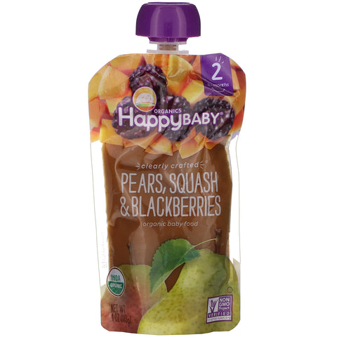 Happy Family Organics, Organic Baby Food, Stage 2, Clearly Crafted, 6+ Months, Pears, Squash & Blackberries, 4 oz (113 g)