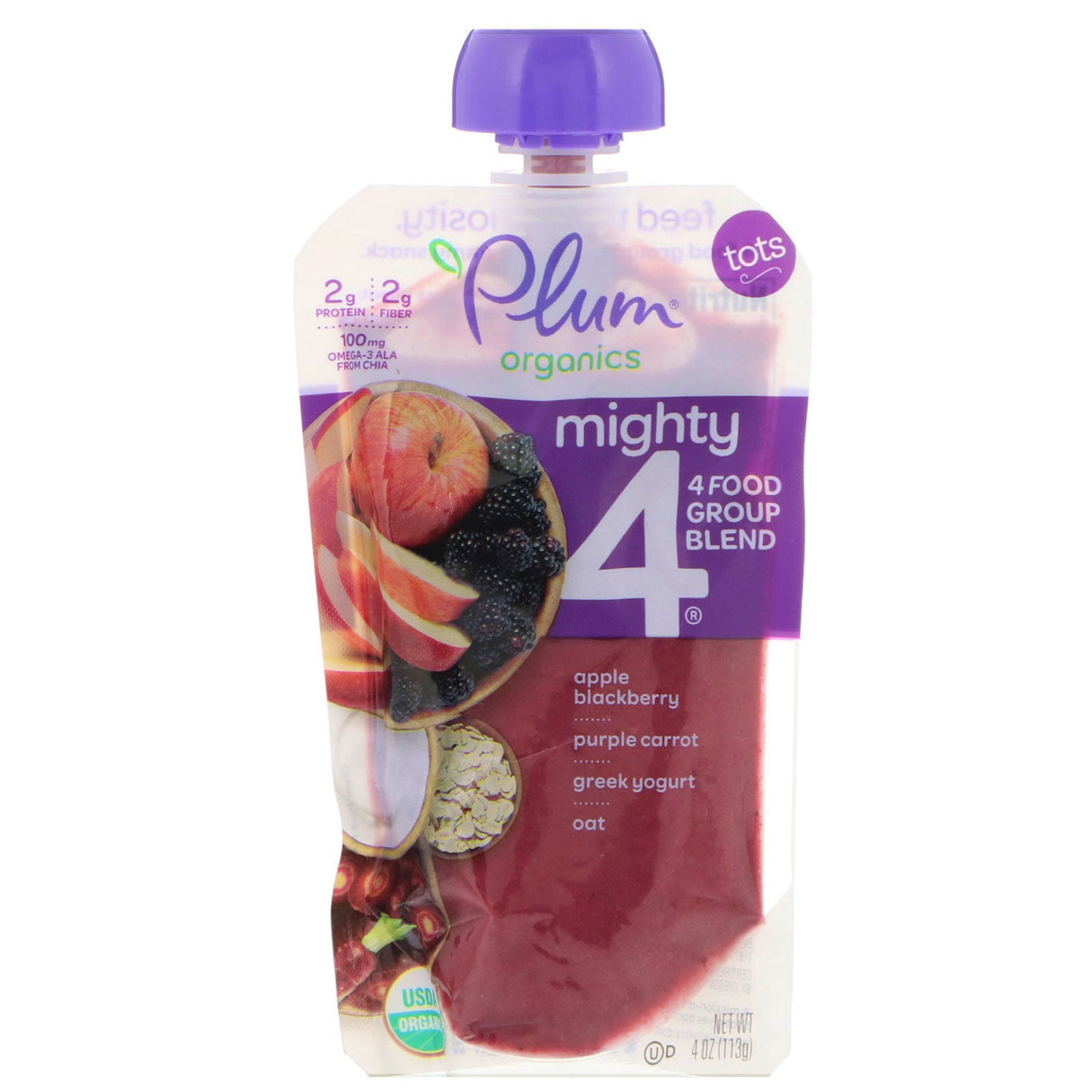 Plum Organics, Tots, Mighty 4, 4 Food Group Blend, Apple, Blackberry, Purple Carrot, Greek Yogurt, Oat, 4 oz (113 g)