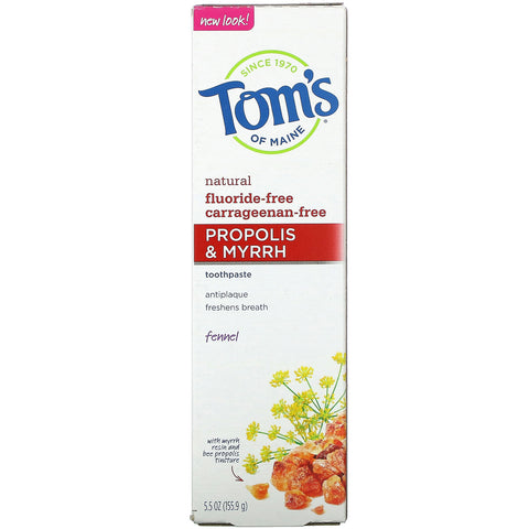 Tom's of Maine, Natural Antiplaque, Propolis & Myrrh Toothpaste, Fluoride-Free, Fennel, 5.5 oz (155.9 g)