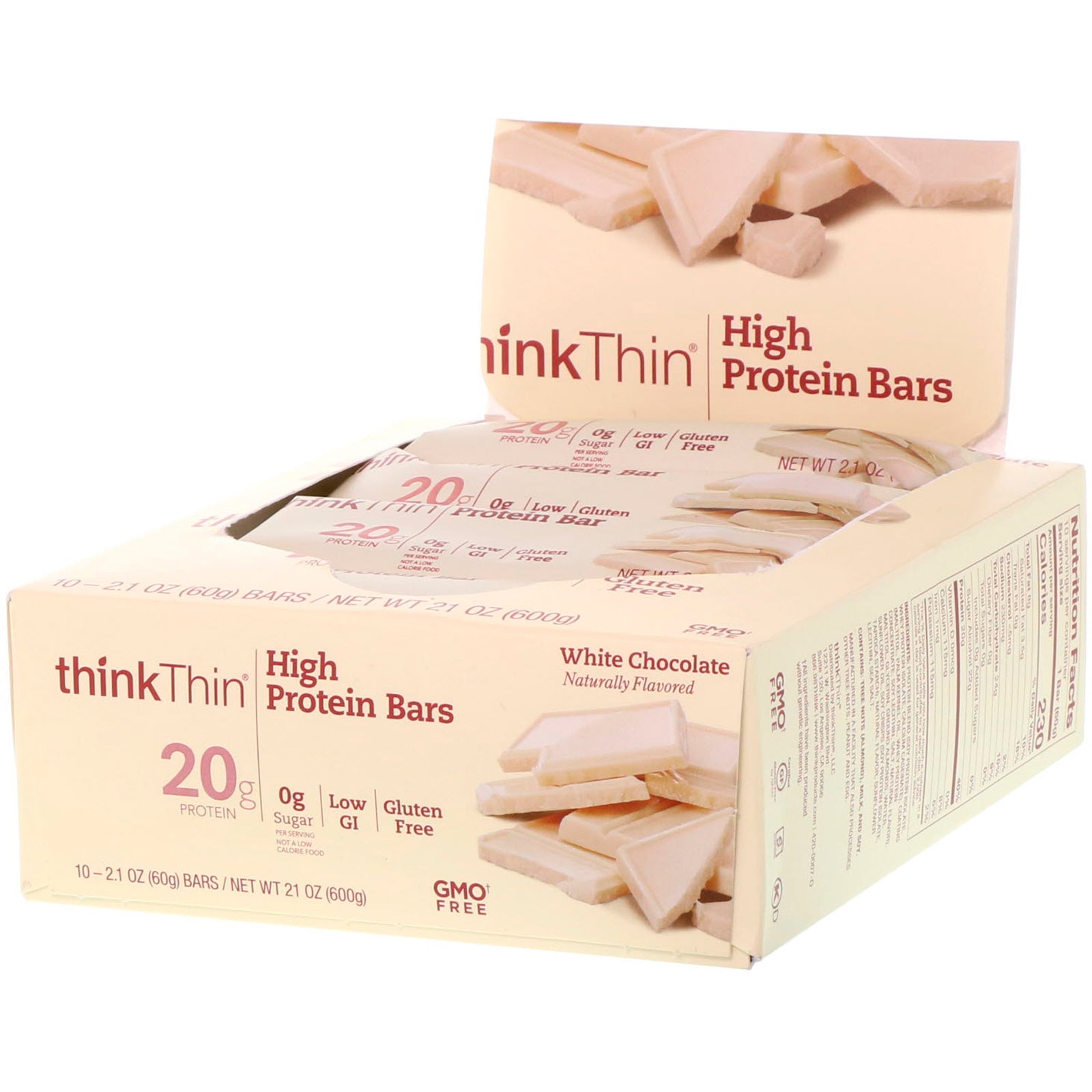 ThinkThin, High Protein Bars, White Chocolate, 10 Bars, 2.1 oz (60 g) Each