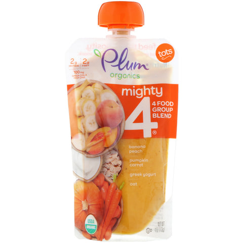 Plum Organics, Tots, Mighty 4, 4 Food Group Blend, Banana, Peach, Pumpkin, Carrot, Greek Yogurt, Oat, 4 oz (113 g)