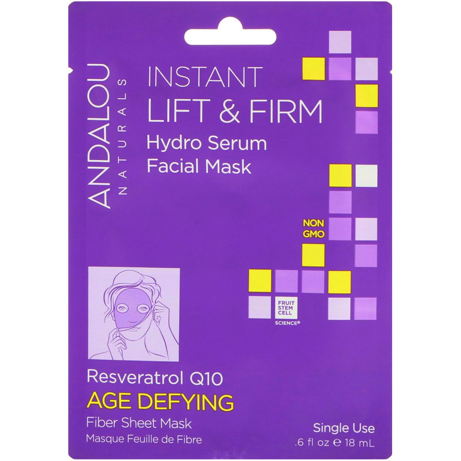 Andalou Naturals, Instant Lift & Firm, Hydro Serum Beauty Facial Mask, Age Defying, 1 Single Use Fiber Sheet Mask, .6 fl oz (18 ml)