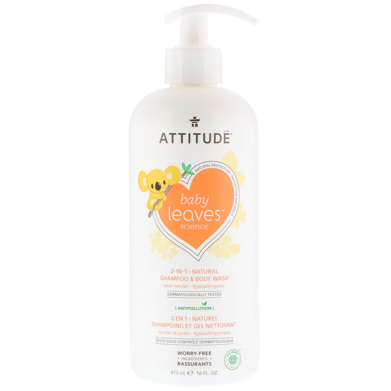 ATTITUDE, Baby Leaves Science, 2-In-1 Natural Shampoo & Body Wash, Pear Nectar, 16 fl oz (473 ml)