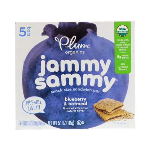 Plum Organics, Jammy Sammy, Blueberries & Oatmeal, 5 Bars, 1.02 oz (29 g) Each